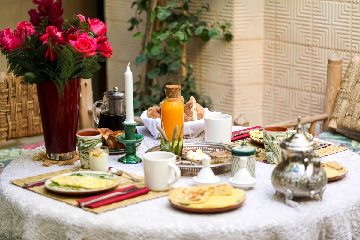 Moroccan breakfast laid out in the patio